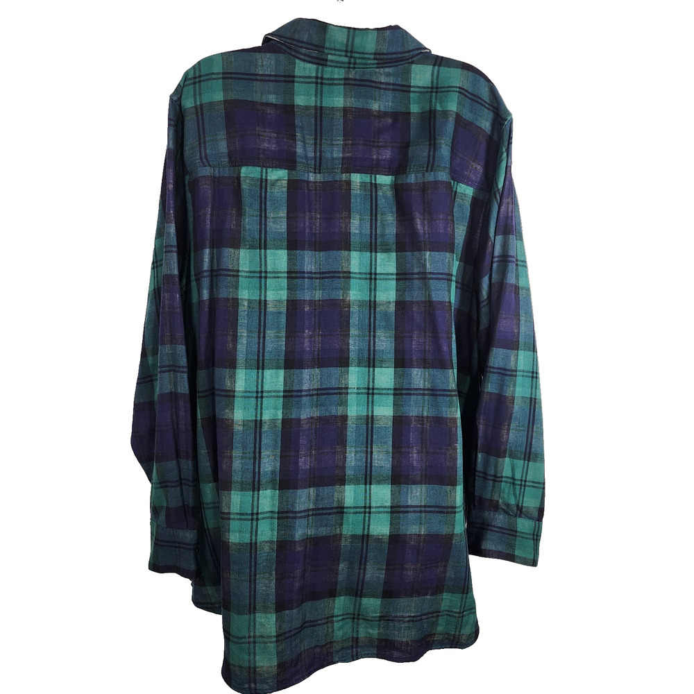 Joan Rivers Womens Cotton Plaid Reversible Boyfriend Shirt 2X Navy Emerald Snap - Picture 2 of 14
